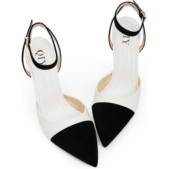 Women White/black Pumps Stiletto Wedding Dress Closed Toe Ankle Strap Heel Shoes - Picture 6 of 7